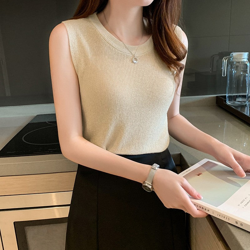 Women's Bright Silk Camisole Vest with Knitted Bottoming Shirt - Sleeveless Summer Essential