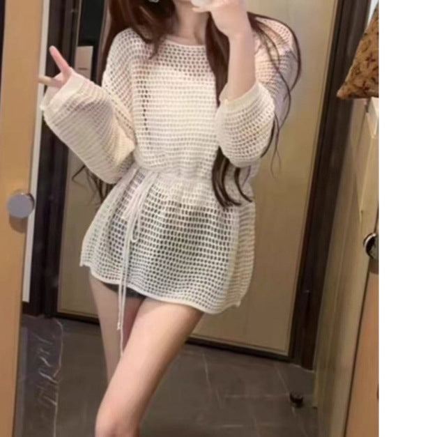 One-Shoulder Hollow Knitted Sweater - Women's Early Spring Sun Protection Blouse