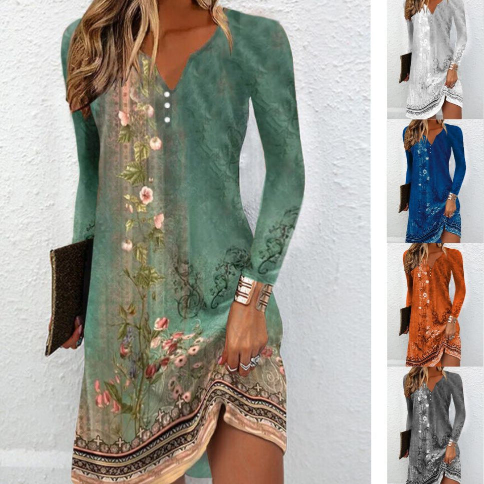 Autumn Women's Long-Sleeved V-Neck Irregular Hem Button Dress – Elegant & Casual Style