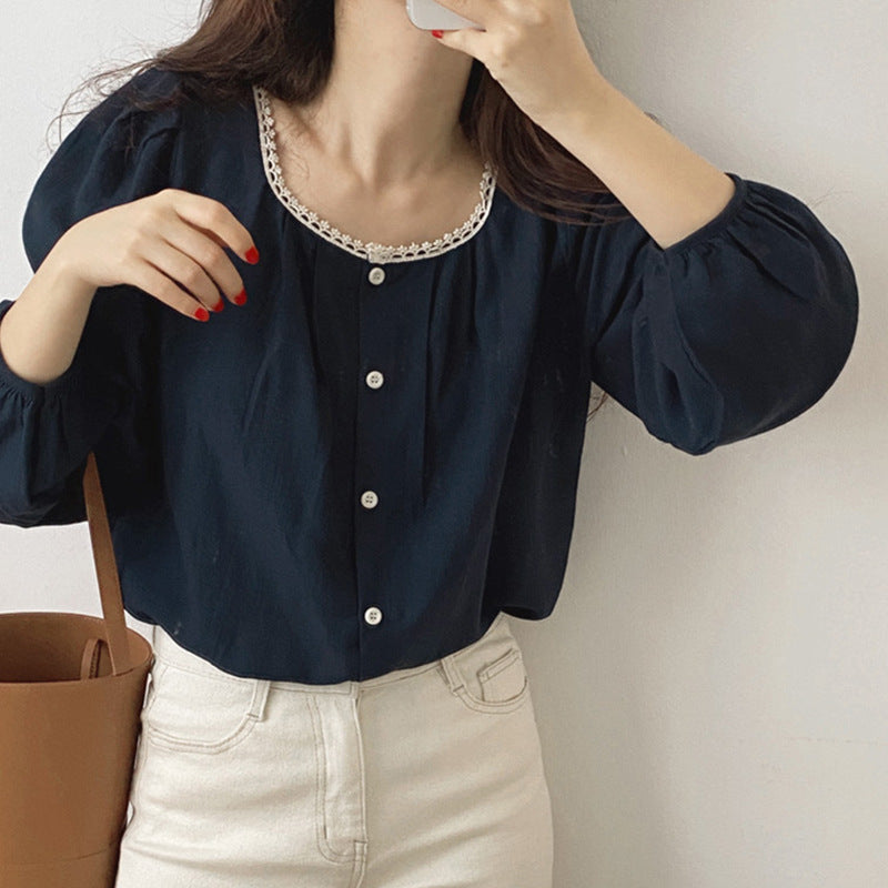 Lace-Stitched Slim Fit Long Sleeve Shirt - Elegant Round Neck Top for Spring & Autumn