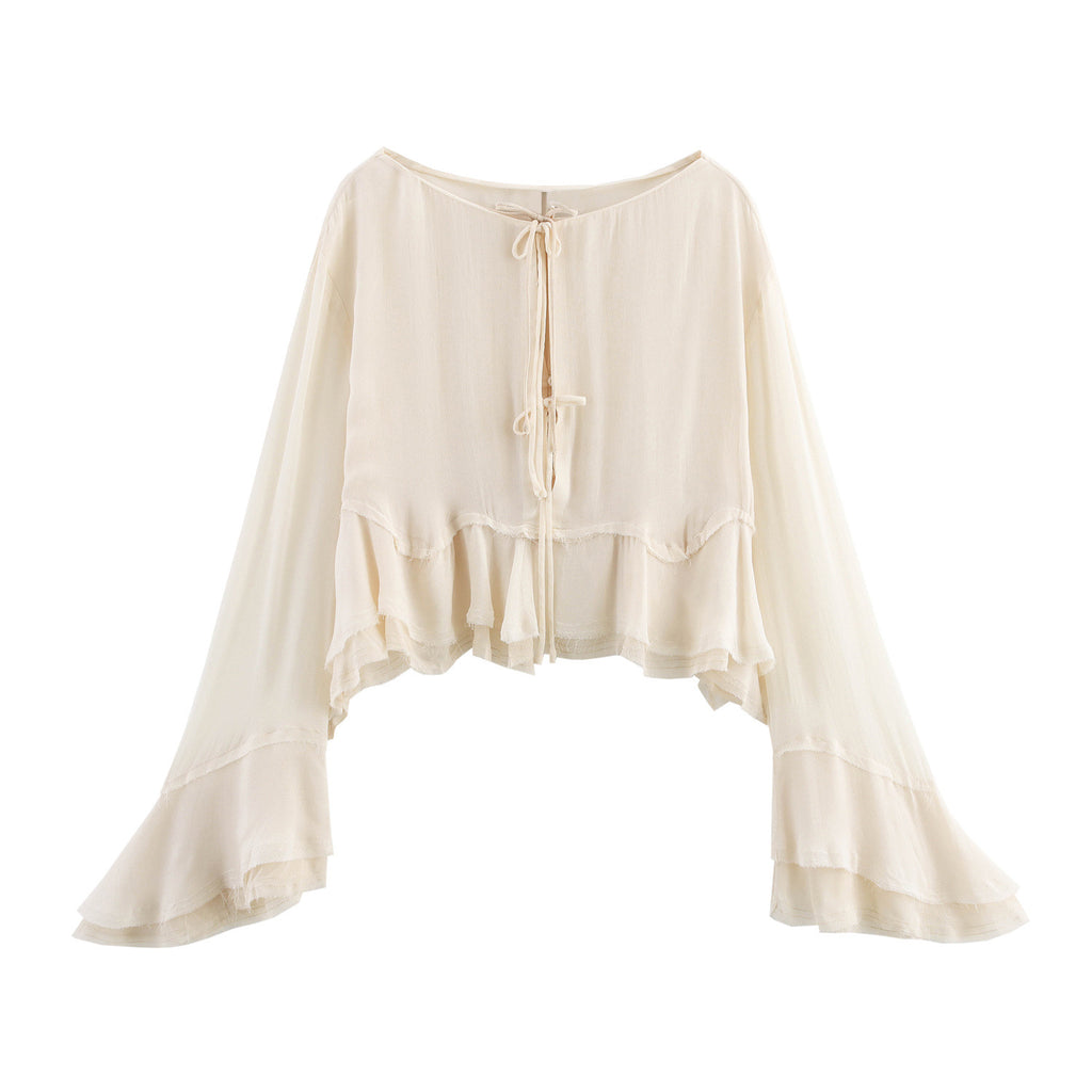 Women's Long Flounced Sleeves Short Front Chiffon Shirt Loose White