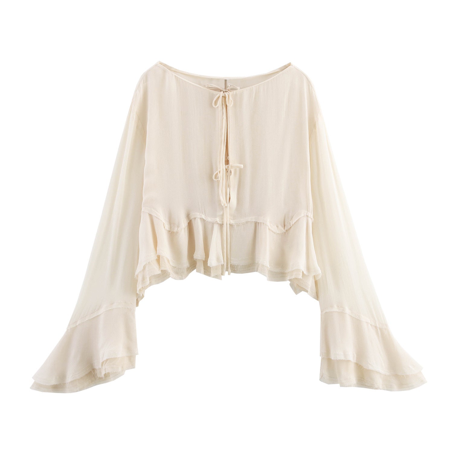 Women's Long Flounced Sleeves Short Front Chiffon Shirt Loose White
