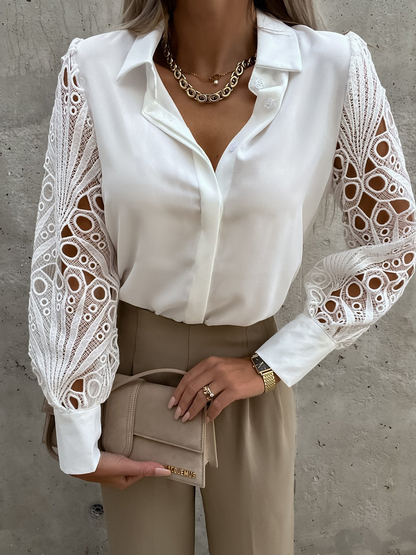 Women's Spring & Summer Lace Stitching Blouse - Solid Color Lightweight Long Sleeve Shirt