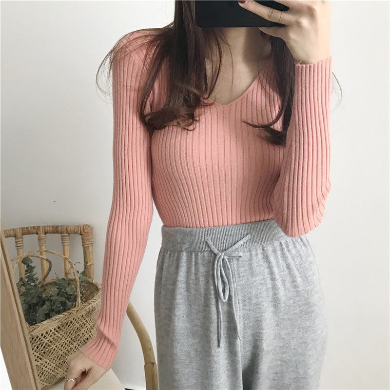 Women's Slim Fit V-Neck Retro Pullover - Long & Short Sleeve Knitted Sweater for Spring and Autumn