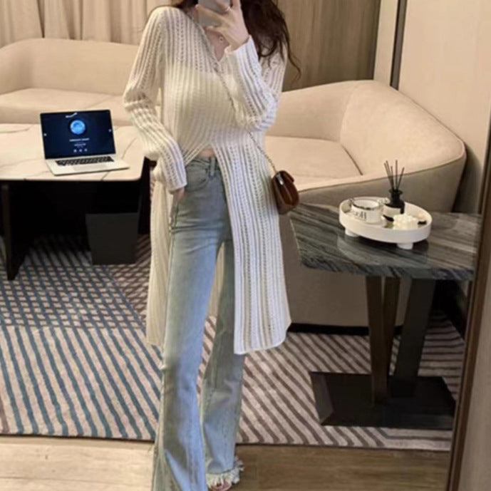 Women's V-Neck Hollow Knit Blouse - Lightweight Slit Long Sun Protection Top for Spring & Summer