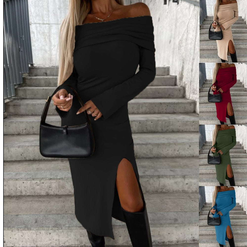 Elegant One-Shoulder Long-Sleeved Slit Dress for Women – Autumn & Winter Solid Color Bodycon Style