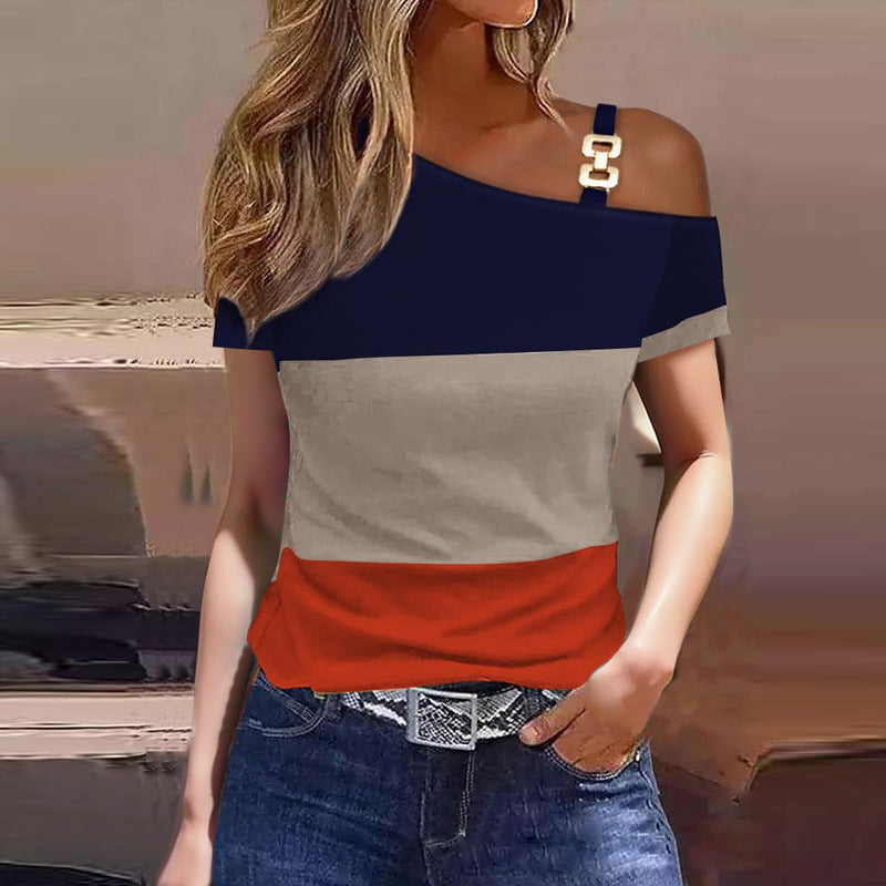 Women's Summer Printed T-Shirt - Short Sleeve V-Neck Top with Metal Button Detail
