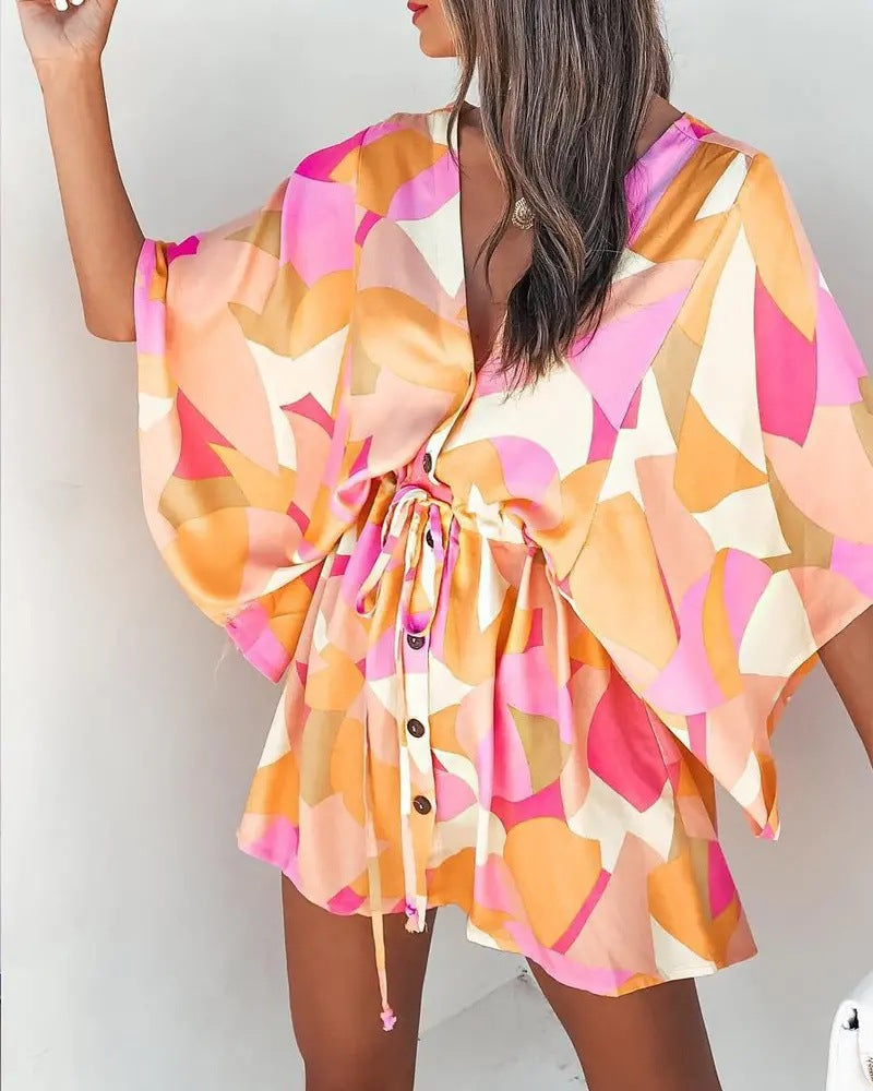Women's Summer V-Neck Lace-Up Casual Holiday Dress – Flying Sleeve Boho Style Sundress with Pockets, Lightweight Flowy Beach Min