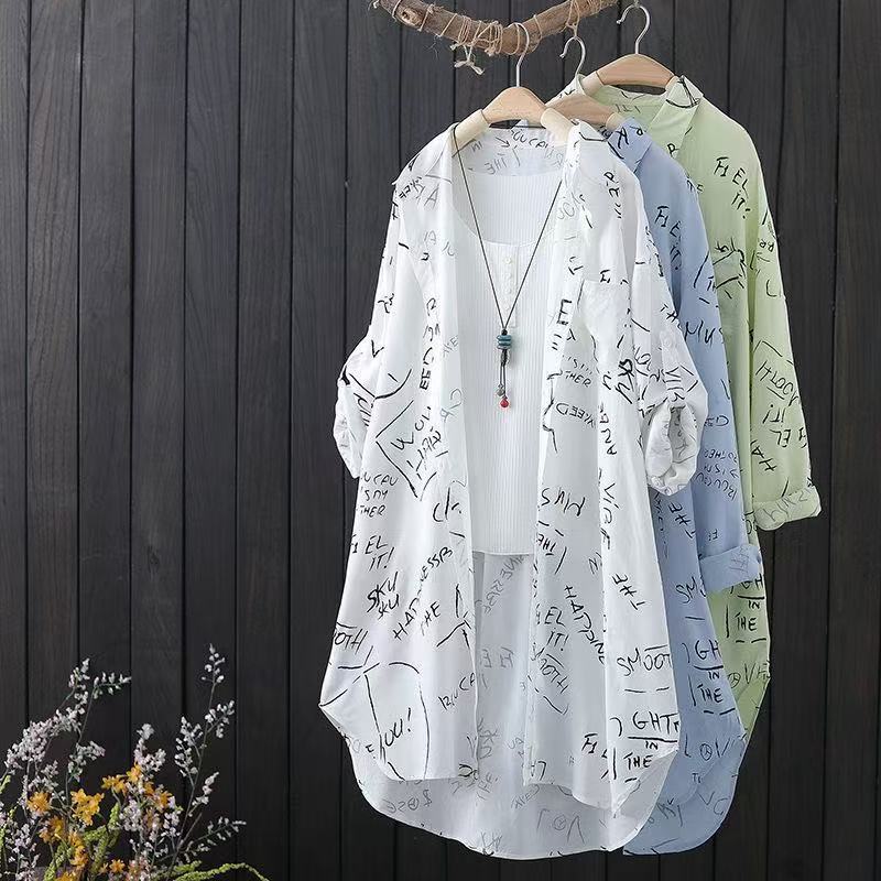 Women's Letter Print Mid-Length Long Sleeve Shirt - Bold & Casual