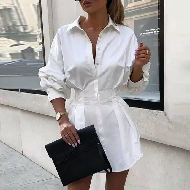 Autumn Solid Color Waist Button Detail Women's Shirt – Elegant Long Sleeve Blouse