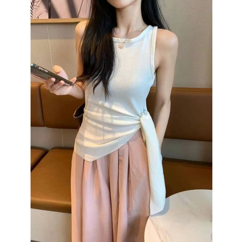 Chic Summer Temperament Knitted Vest with Suspenders - Sleeveless Inner Top with Irregular Waist & Side Slits