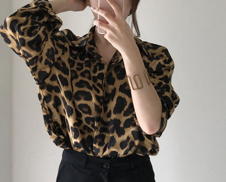 Leopard Print Shirt - Lapel, Loose Fit, Long-Sleeved All-Match Top for Women