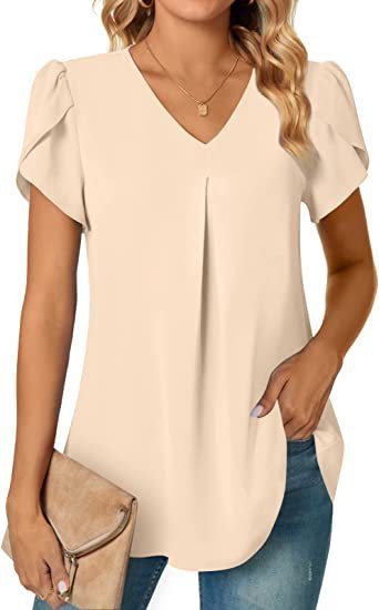 Women's Summer V-Neck Petal Sleeve Blouse - Lightweight Casual Shirt