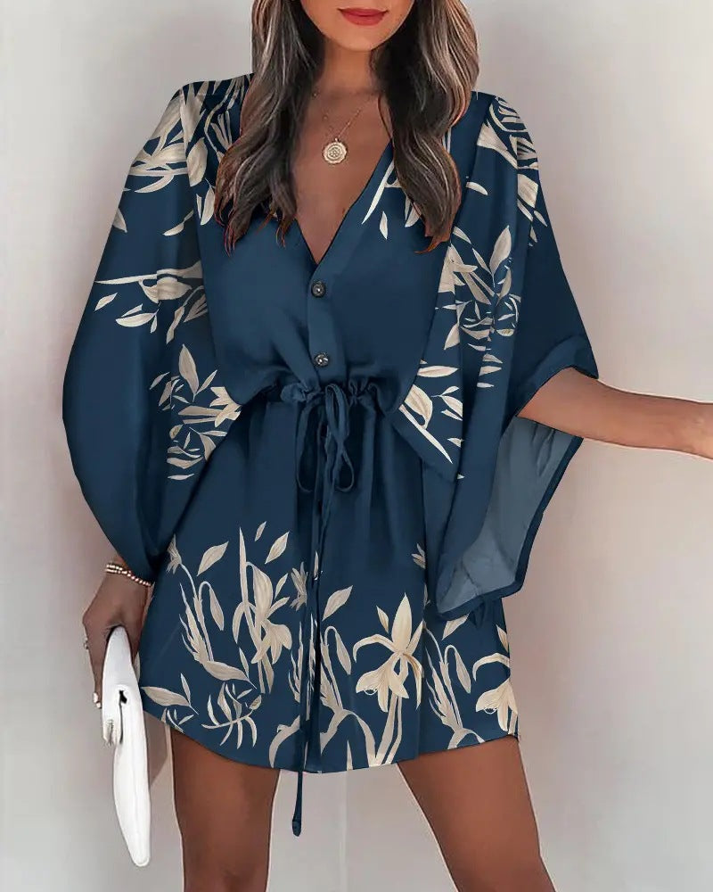 Women's Summer V-Neck Lace-Up Casual Holiday Dress – Flying Sleeve Boho Style Sundress with Pockets, Lightweight Flowy Beach Min
