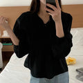V-Neck Puff Sleeve Ruffle Blouse - Strap Stitching with Wood Ear Edge Detail | Women's Loose Solid Color Shirt