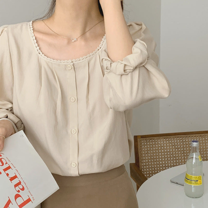 Lace-Stitched Slim Fit Long Sleeve Shirt - Elegant Round Neck Top for Spring & Autumn