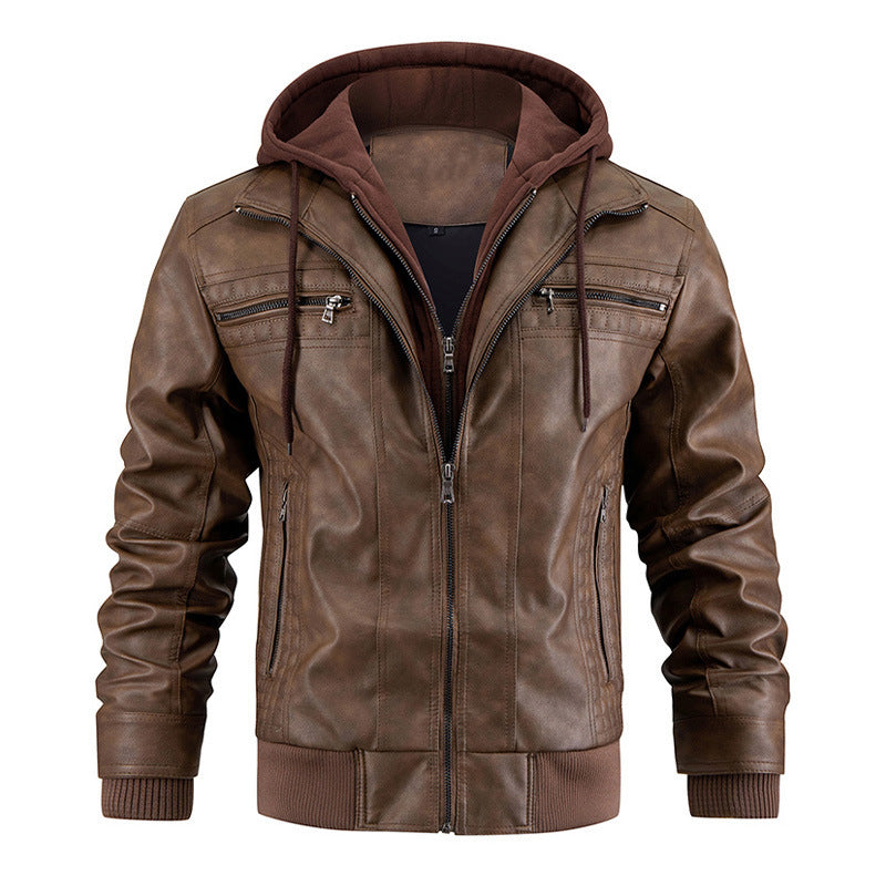 Men’s Hooded PU Leather Warm Winter Jacket