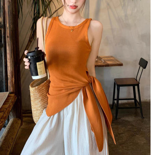 Chic Summer Temperament Knitted Vest with Suspenders - Sleeveless Inner Top with Irregular Waist & Side Slits