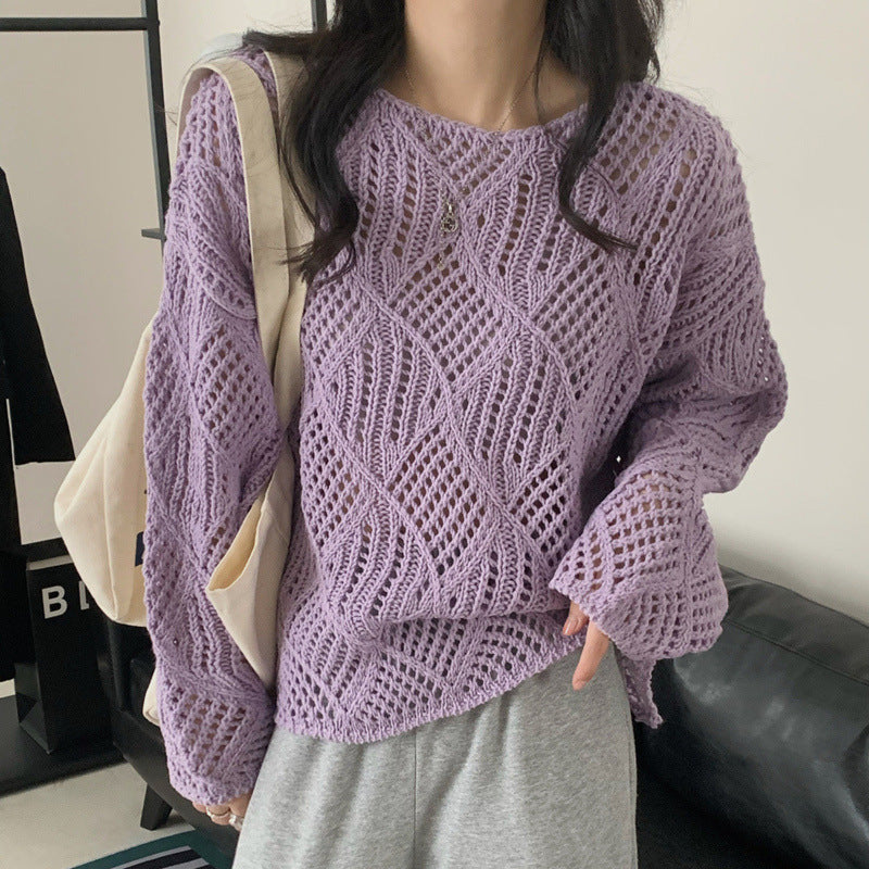 Women's Solid Color Diamond Pattern Blouse - Lightweight Lazy Style Sunscreen Layer for Spring, Summer