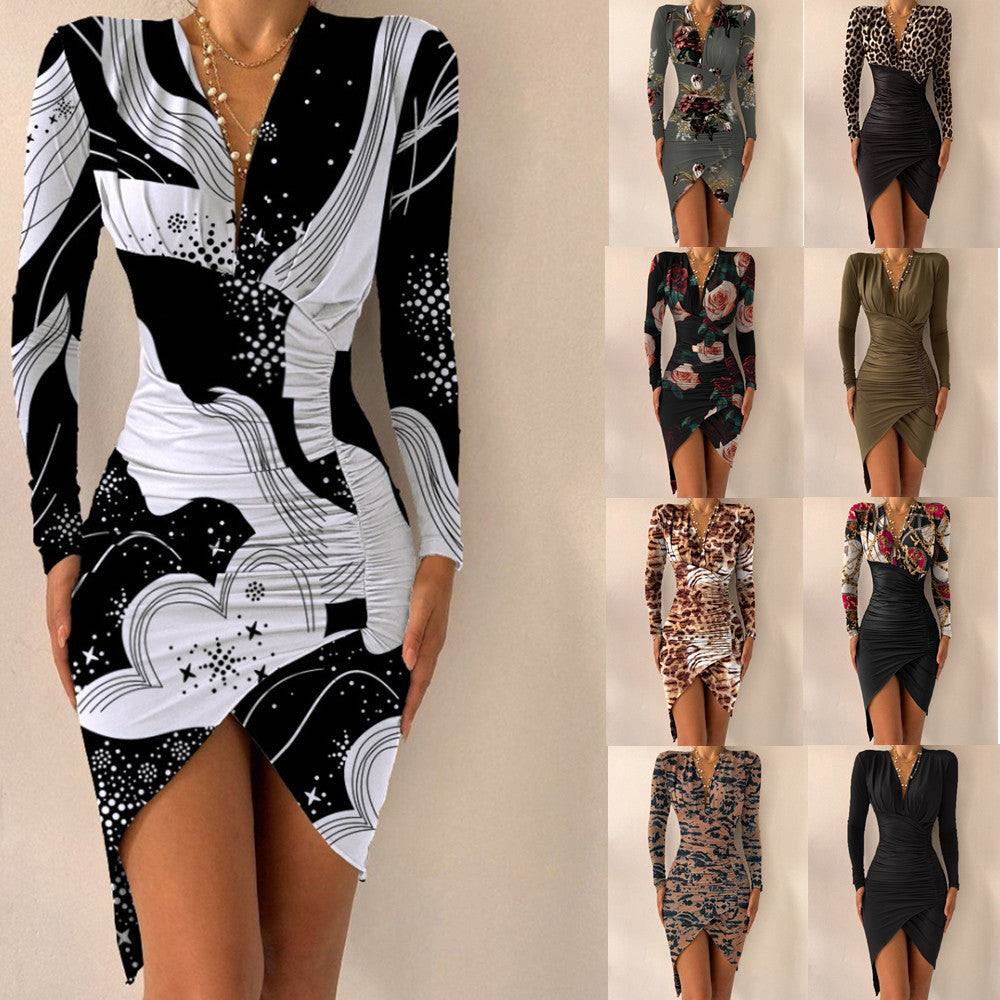 Autumn & Winter V-Neck Long Sleeve Print Slit Bodycon Dress for Women