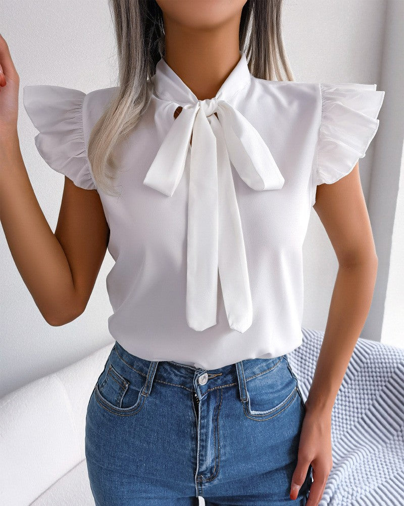 Women's Summer Short-Sleeved Bow Top - Solid Color Casual Blouse