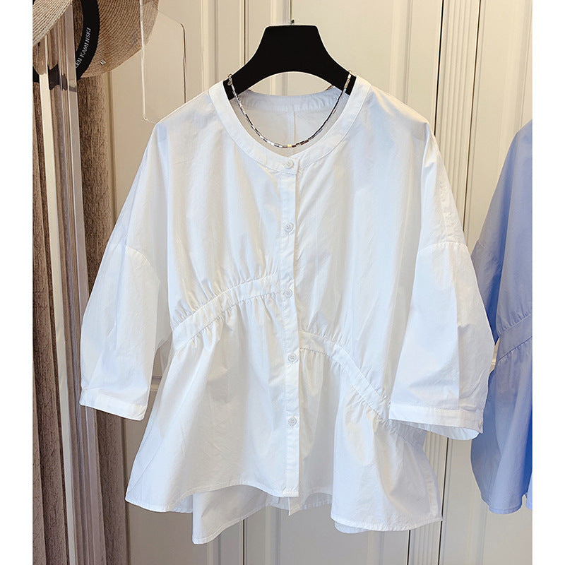 Spring & Autumn Niche Loose Asymmetrical Pleated Patchwork Babydoll Shirt