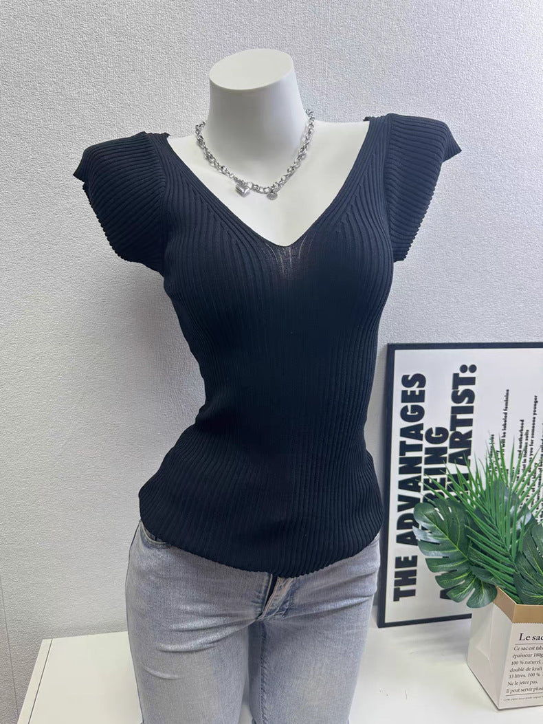 Pure Desire Style V-Neck Short-Sleeved Knitted T-Shirt - Effortless Chic, Everyday Comfort