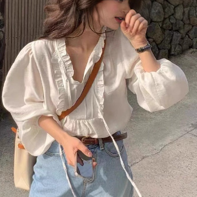 V-Neck Puff Sleeve Ruffle Blouse - Strap Stitching with Wood Ear Edge Detail | Women's Loose Solid Color Shirt