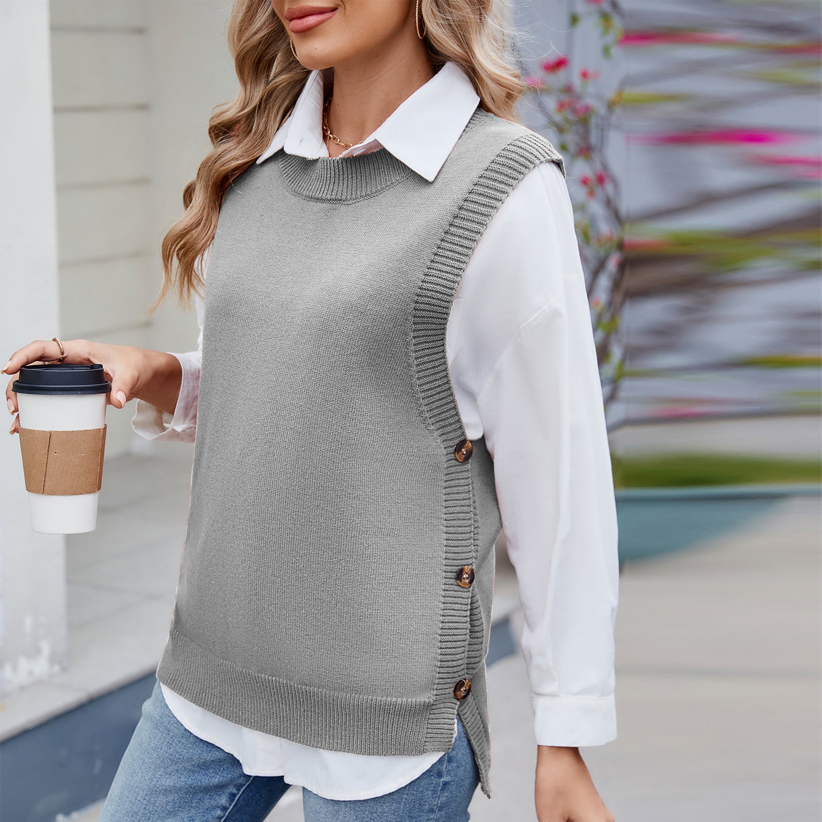 Women's Casual All-Match Solid Color Knitted Top Sweater with Button & Slit Details
