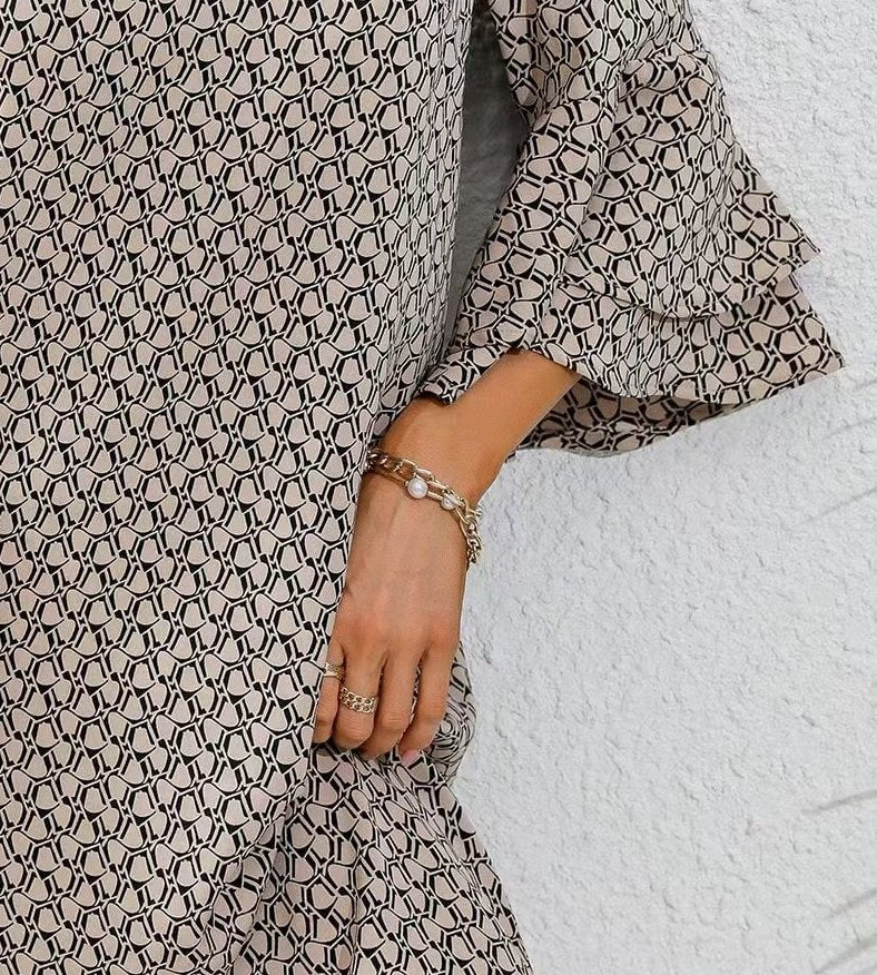 Women's Printed V-Neck Three-Quarter Sleeve Mid-Length Dress