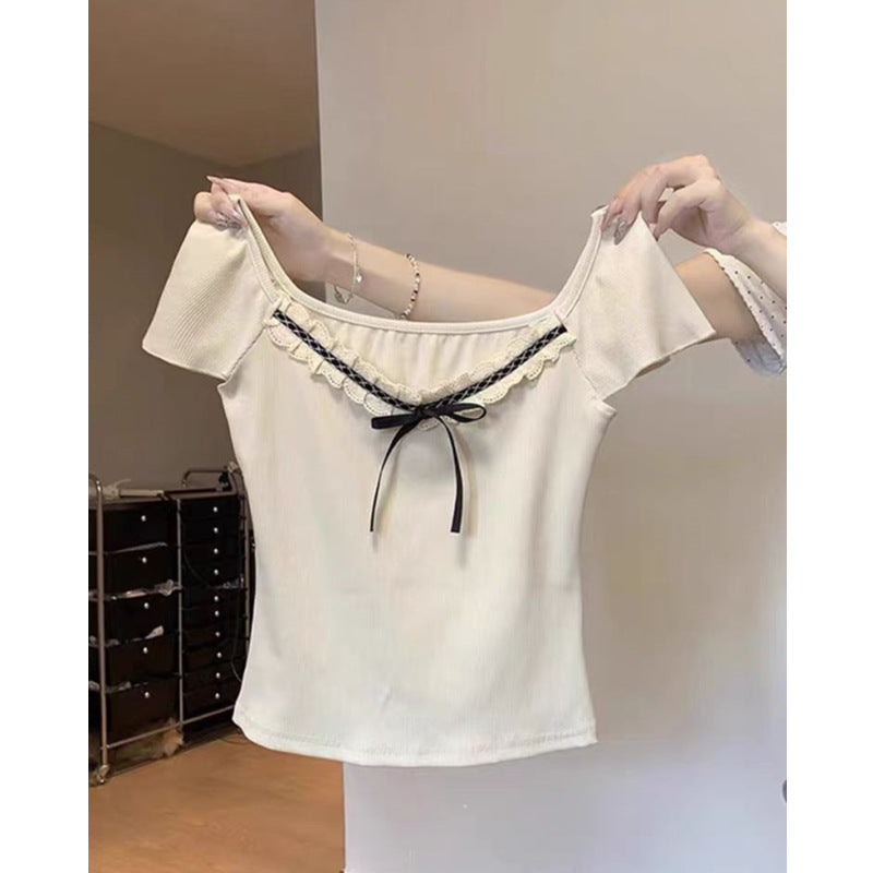 Women's Bowknot Lace V-Neck Slim Fit Knitted Short-Sleeved Sweater Top - Summer Chic