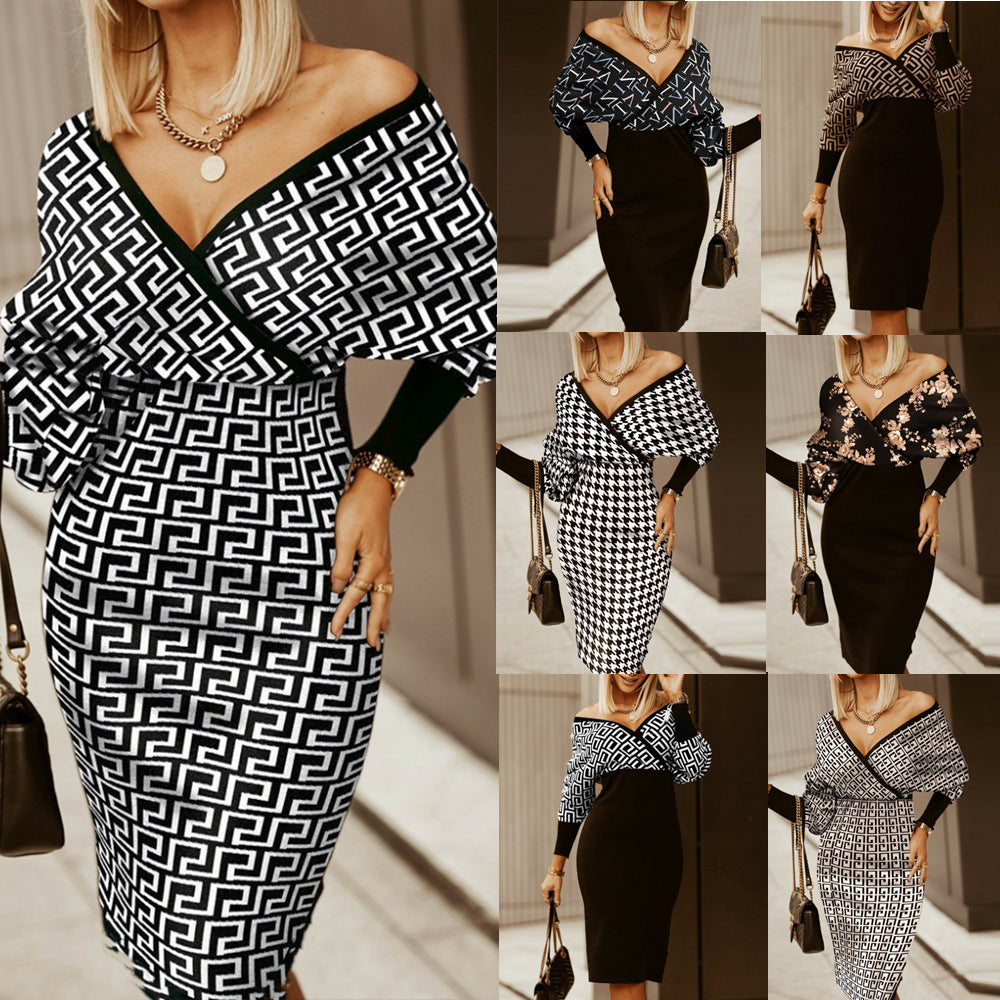 Autumn & Winter V-Neck Geometric Print Bodycon Midi Dress for Women