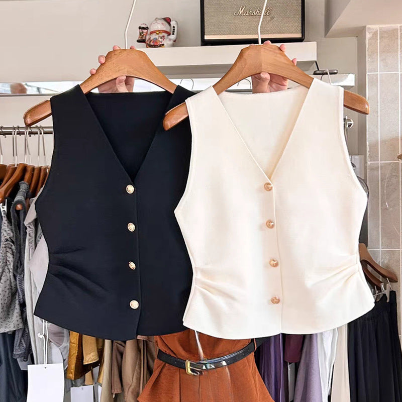 Chanel-Inspired Retro V-Neck Knitted Vest with Pleated Hem - Women's Slim Fit Sleeveless Button-Front Top