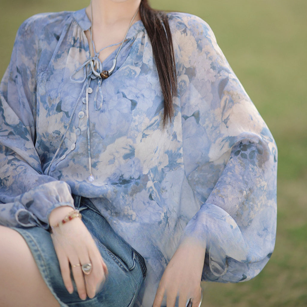 French Silk-Inspired Summer Shirt - Stand-Up Collar Pullover with Button Detail & Suspender Accents