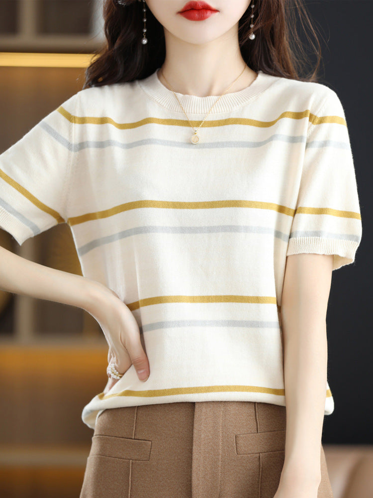 Striped Short-Sleeved Knitted T-Shirt for Women - Summer Color Block Round Neck Crop Top