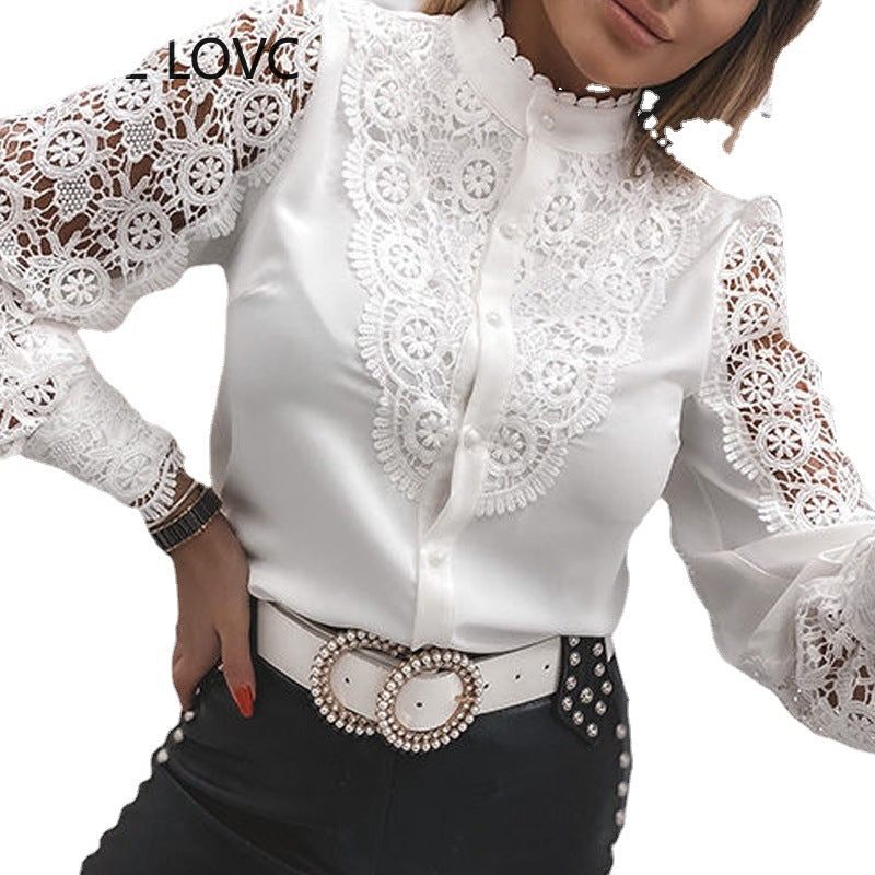 Women's Spring and Summer Fashion Lace Long Sleeve V-Neck Button Shirt - Elegant & Lightweight Blouse