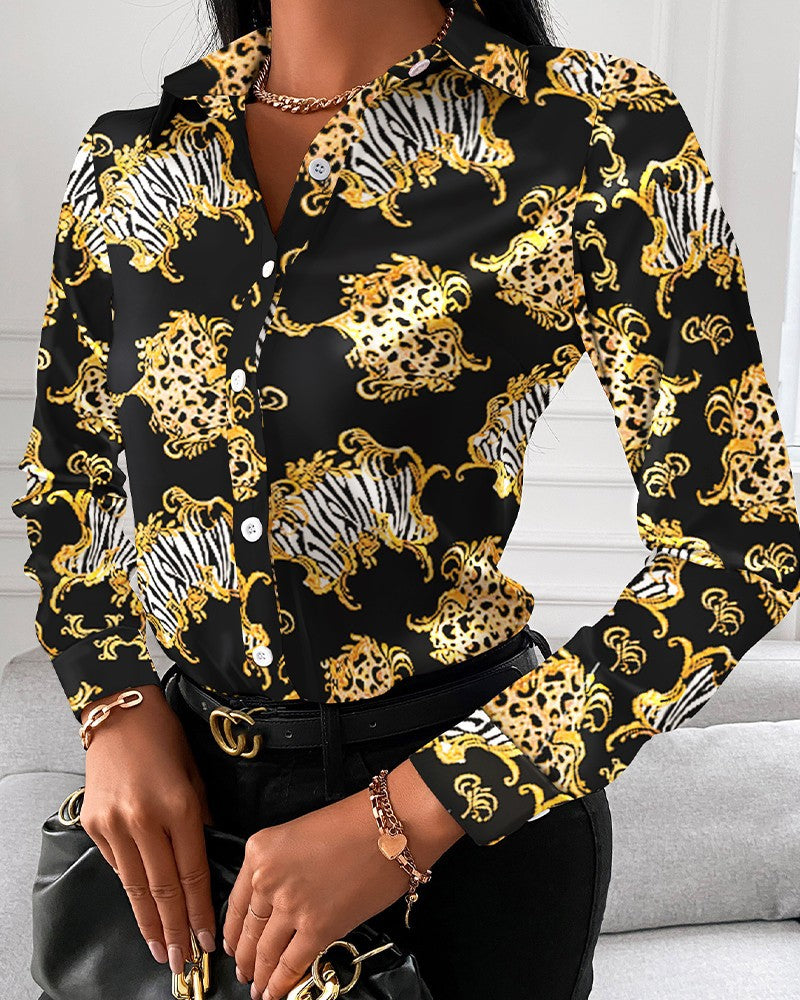 Women's Autumn Printed V-Neck Shirt - Loose Fit Long Sleeve Button-Down Blouse