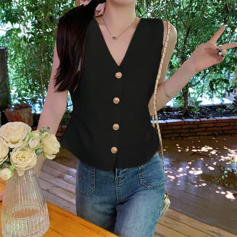 Chanel-Inspired Retro V-Neck Knitted Vest with Pleated Hem - Women's Slim Fit Sleeveless Button-Front Top
