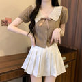 Bowknot Contrast Color Doll Collar Cardigan Sweater - Women's Summer Petite Stylish Short Top