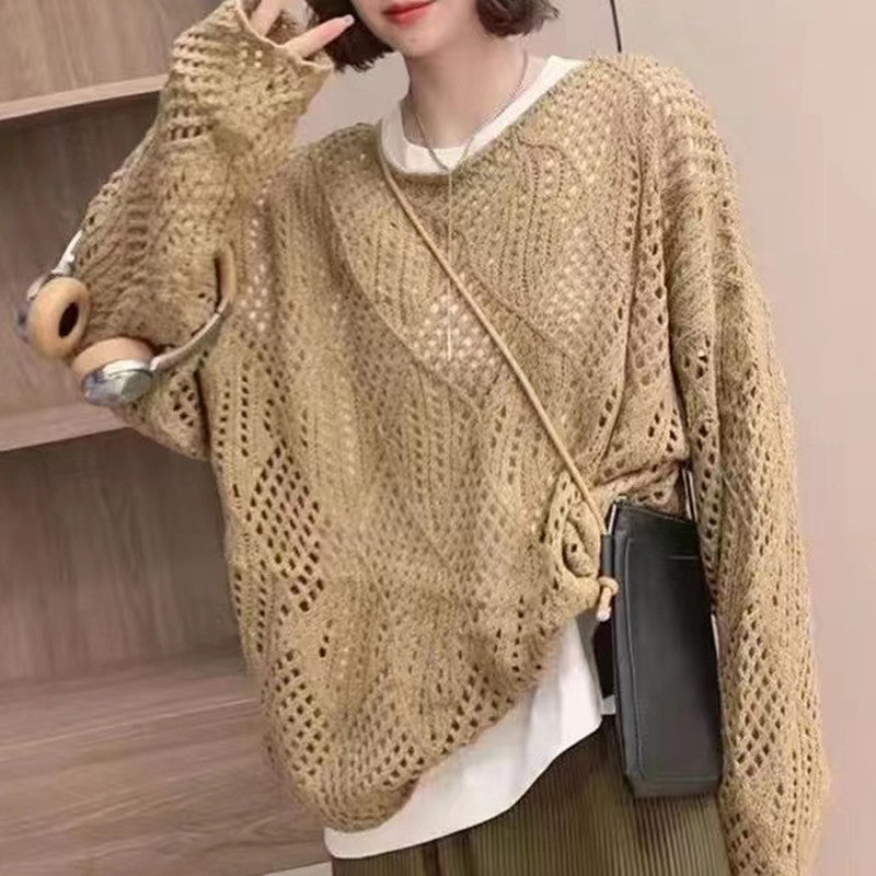 Women's Solid Color Diamond Pattern Blouse - Lightweight Lazy Style Sunscreen Layer for Spring, Summer