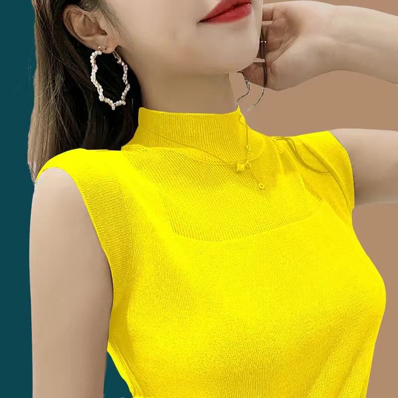 Summer Ice Silk Knit Camisole - Half-High Collar Sleeveless Top for Women