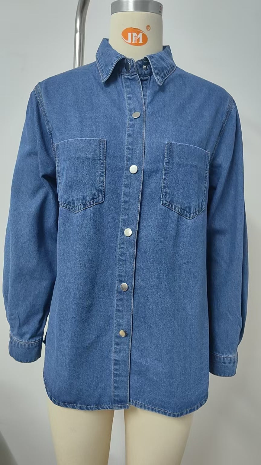 Women's Washed Denim Shirt - Loose Fit Long Sleeve Top with Four-Button Detail & Lining