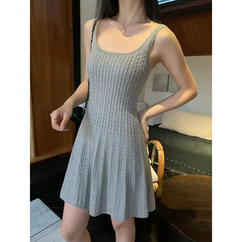 U-Neck Slim Suspender Dress Women's Twisted Knitted Short Skirt Summer New Waist Skirt