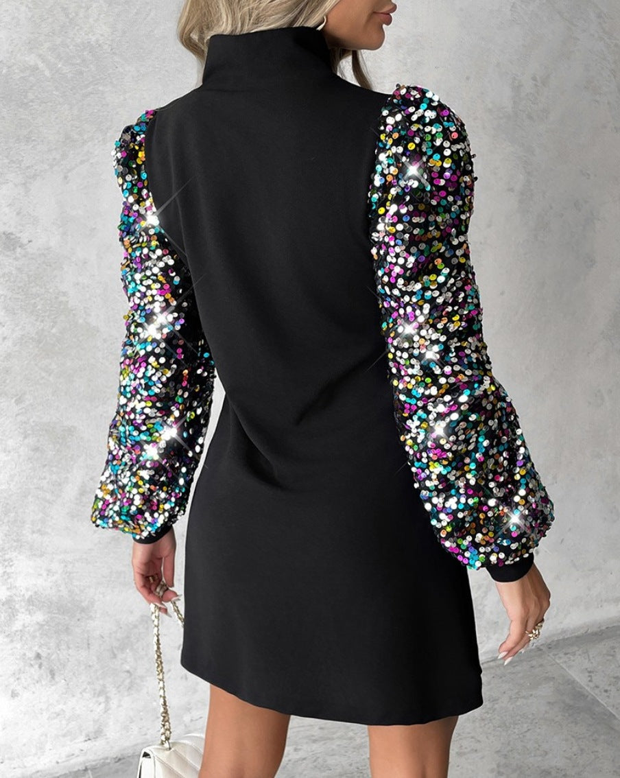 Autumn and Winter New Round Neck Lace Long Sleeve Hip-Waist Dress