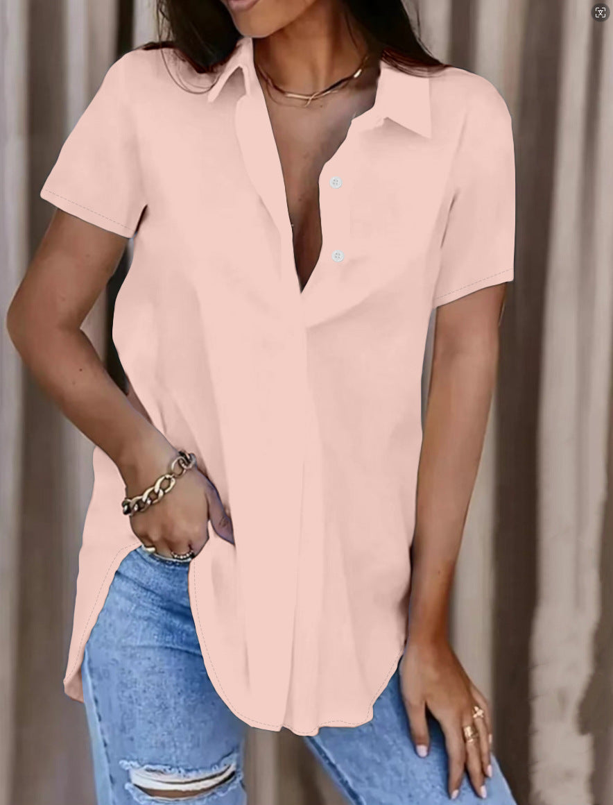 Women's Summer Solid Color V-Neck Button Shirt
