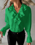 Women's Autumn Ruffled V-Neck Shirt - Long Sleeve Solid Color Elegant Blouse