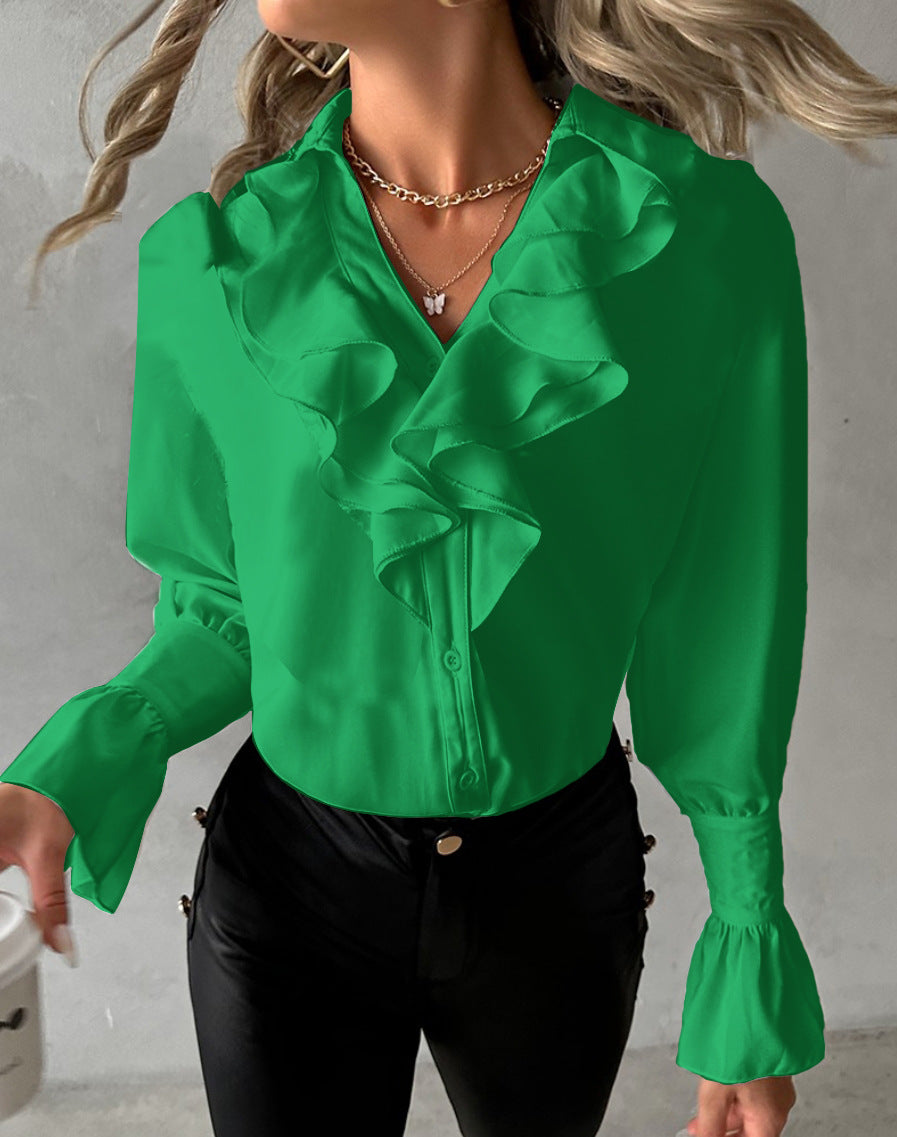 Women's Autumn Ruffled V-Neck Shirt - Long Sleeve Solid Color Elegant Blouse