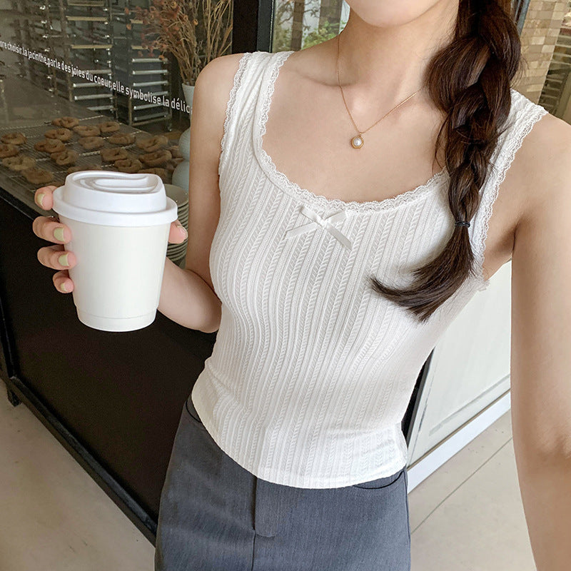 Women's Pure Lace White Sleeveless Knitted Vest - Unique & Exquisite Design with Inner Camisole