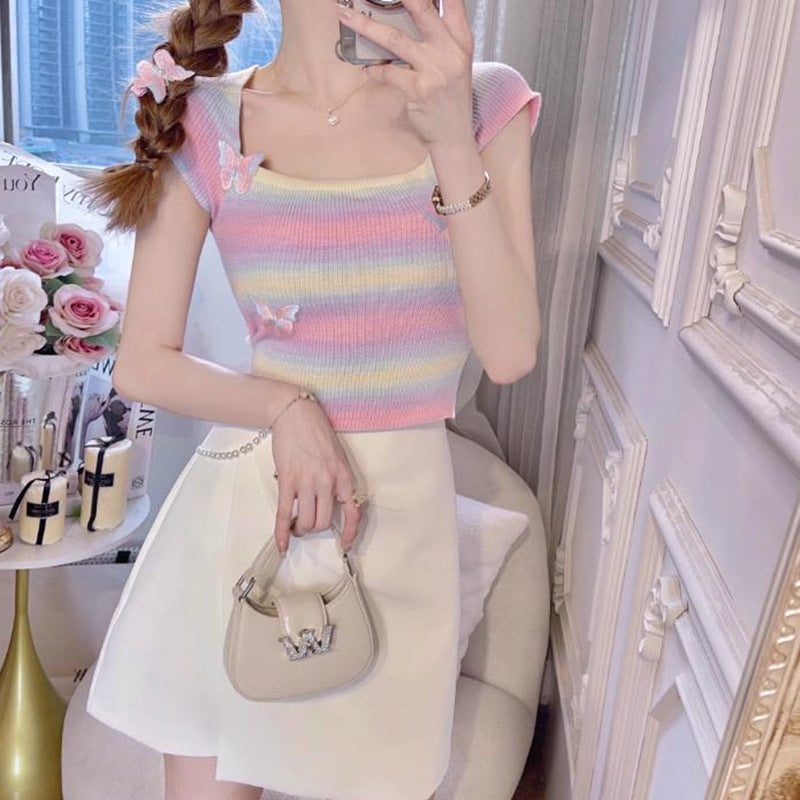 Sweet French Pure Desire Knitted T-Shirt Women's Short Sleeve 2025 Summer New Temperament Top