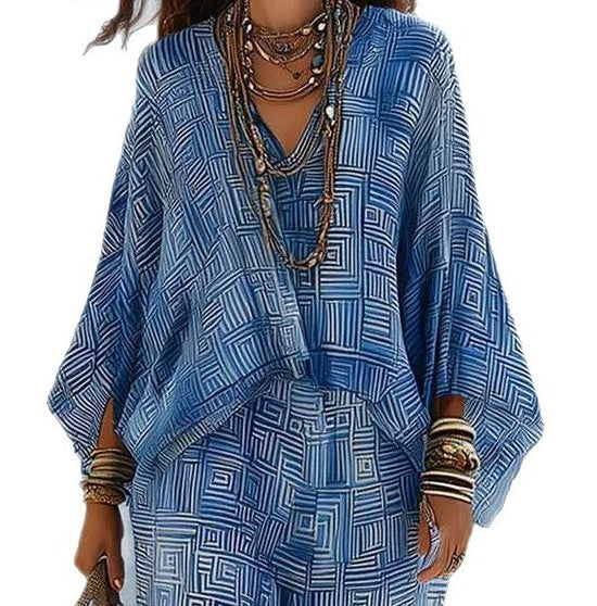 Women's V-Neck Loose Textured Casual Two-Piece Lounge Set